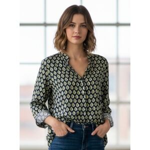 Rock Flower Paper Patterned Split neck top Navy & Green Size M